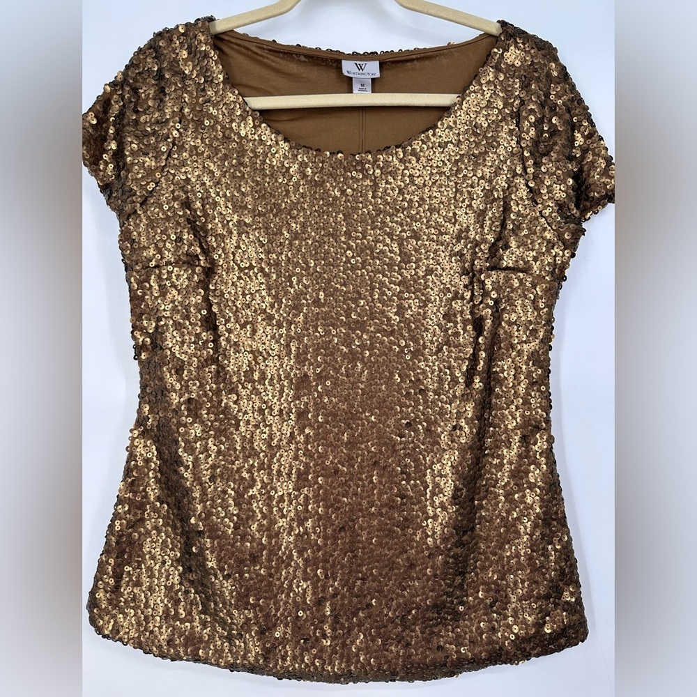 Worthington Gold Sequin Short Sleeve Blouse